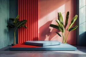 Modern Minimalist Interior with Geometric Shapes and Tropical Plants photo