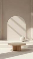 Minimalist Interior Design with Modern Wooden Table and White Sphere photo