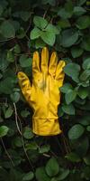 Yellow Rubber Glove on Green Foliage Background - Nature and Gardening Concept photo