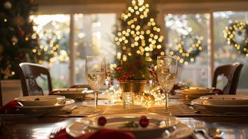 Festive Holiday Dining Table with Elegant Decorations and Twinkling Lights in a Cozy Home Setting photo