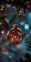A Christmas ornament hanging from a tree photo