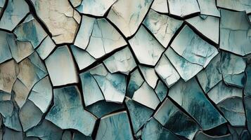 A wall with a blue and white pattern made of broken tiles photo