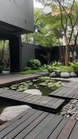 Modern Zen Garden with Wooden Pathway photo