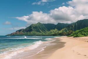 A beautiful beach with a clear blue ocean and mountains in the background photo