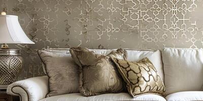 Elegant Living Room with Luxurious Gold and Silver Textured Pillows photo