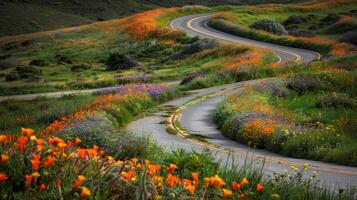 Open space above a winding road bordered by fields of vibrant wildflowers photo