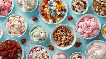 Overhead perspective of a DIY ice cream sundae bar with toppings photo