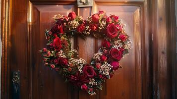 Heart-shaped wreath hanging on a door photo