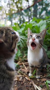 Playful Cats in a Garden Setting with Lush Greenery and Natural Light photo