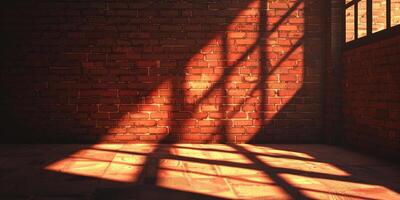 Sunlight Streaming Through Window Casting Shadows on Rustic Brick Wall in Industrial Interior Space photo