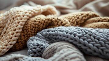 A pile of knitted sweaters with different colors and textures photo