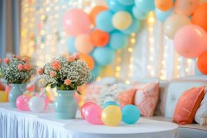 A colorful room with balloons and flowers on a table photo