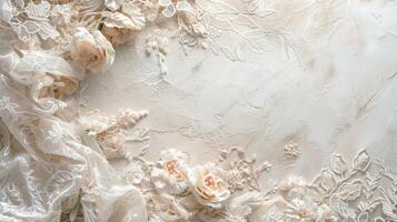 Creative arrangement of vintage lace and delicate fabric textures photo