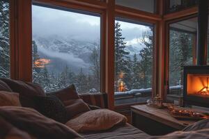 A cozy living room with a fireplace and a view of the mountains photo