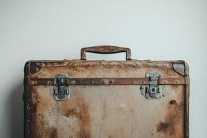 A suitcase with a brown handle and a brown lid photo