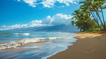 A beautiful beach with palm trees and a clear blue sky photo