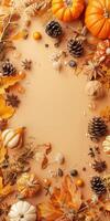 Autumn Harvest Background with Pumpkins, Pine Cones, and Leaves photo