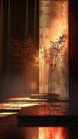 Modern Minimalist Interior with Warm Lighting and Bamboo Plants photo