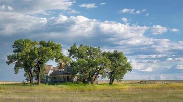 A house is in the middle of a field with trees photo
