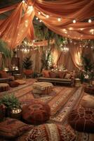 Cozy Bohemian Lounge with Warm Lighting and Earthy Tones photo