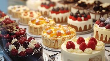 Delicious Assortment of Decorative Cakes with Fresh Fruit Toppings photo