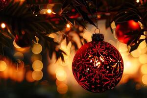 A red ornament hanging from a tree photo