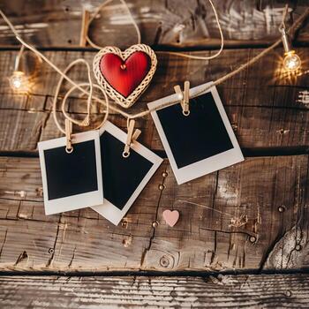 Love-themed photo frame and polaroid pictures on a string