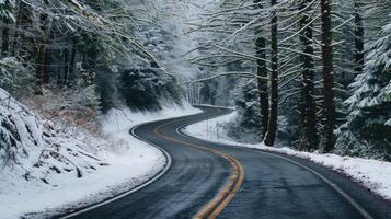 Copy space with a winding road through snowy forests photo