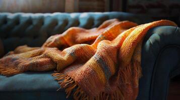 A couch with a blanket draped over it photo