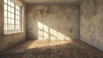 Sunlit Empty Room with Rustic Wooden Floor and Weathered Walls photo