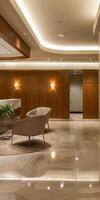 Elegant Modern Lobby Interior with Stylish Furniture and Warm Lighting photo