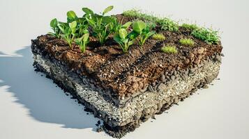 Cross-Section of Soil Layers with Green Plants and Roots photo