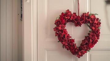 Heart-shaped wreath hanging on a door to welcome guests photo