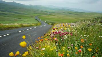 Open space above a winding road bordered by fields of vibrant wildflowers photo