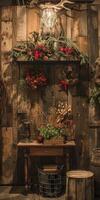 Rustic Christmas Decor with Wooden Background photo