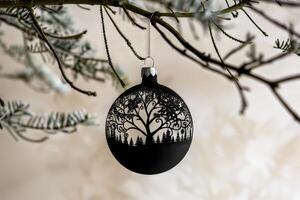A black ornament hanging from a tree branch photo