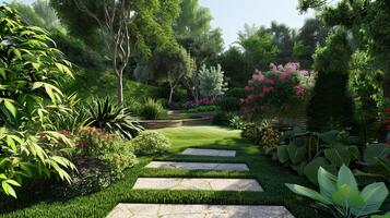 Serene Garden Pathway with Lush Greenery and Colorful Flowers on a Sunny Day photo