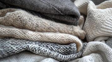 A pile of knitted sweaters with a mix of colors and textures photo