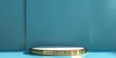 A sleek, minimalist blue background featuring a circular podium photo
