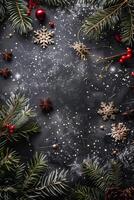 Festive Christmas Background with Pine Branches, Snowflakes, and Red Berries on Dark Rustic Surface photo