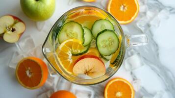 Top-down view of a glass pitcher filled with autumn fruit-infused water photo