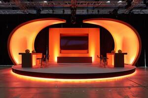 Modern TV Studio Set with Orange Lighting and Contemporary Design photo