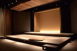 Modern Minimalist Stage with Wooden Elements and Soft Lighting photo