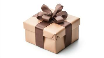 Elegant Gift Box with Brown Ribbon Bow on White Background photo