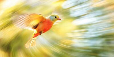 Vibrant Bird in Flight Captured with Motion Blur Against a Lush Green photo