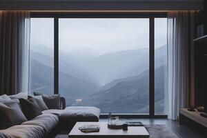 Cozy Modern Living Room with Panoramic Mountain View Through Large Window on a Cloudy Day photo