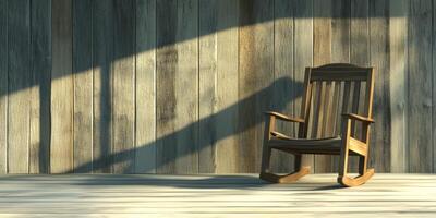 Rustic Wooden Rocking Chair on Sunlit Porch with Weathered Wooden Wall Background photo
