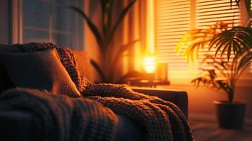 A cozy living room with a couch covered in a blanket photo