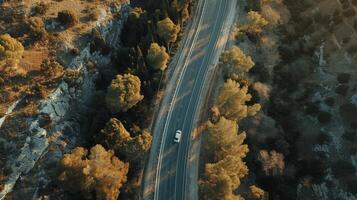 Aerial perspective of a road trip journey with scenic landscapes below photo