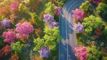 Aerial view of a road trip adventure through a colorful springtime countryside photo